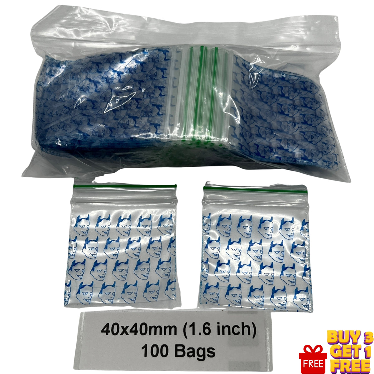 A bulk pack of blue devil printed plastic zip bags , shown with two individual baggies and a text label indicating 40x40mm (1.6 inch) size and 100 bags.