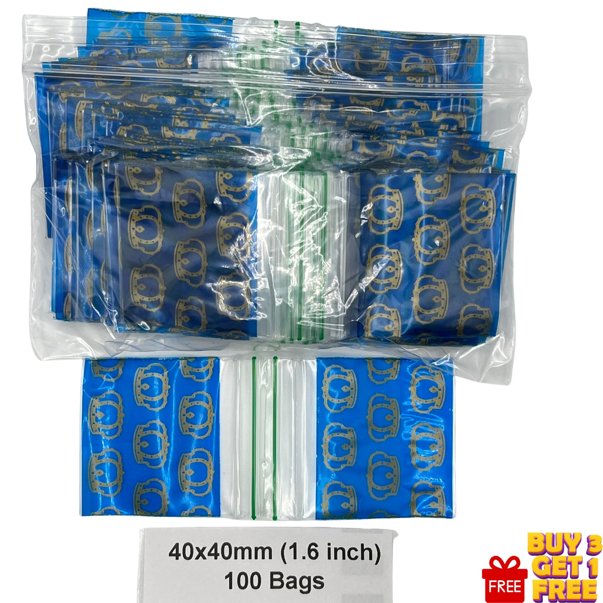 A bulk pack of 100 clear plastic zipper seal bags, with blue and gold patterned gold crown printed . A size label at the bottom reads '40x40mm (1.6 inch) baggies