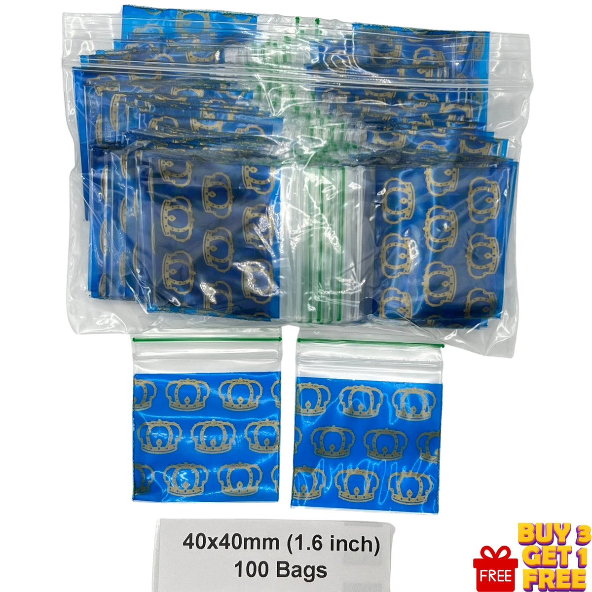 A bulk pack of 100 small clear plastic zip-top bags, with two individual bags displayed in front. Each bag features a blue background with a repeating gold crown printed pattern.