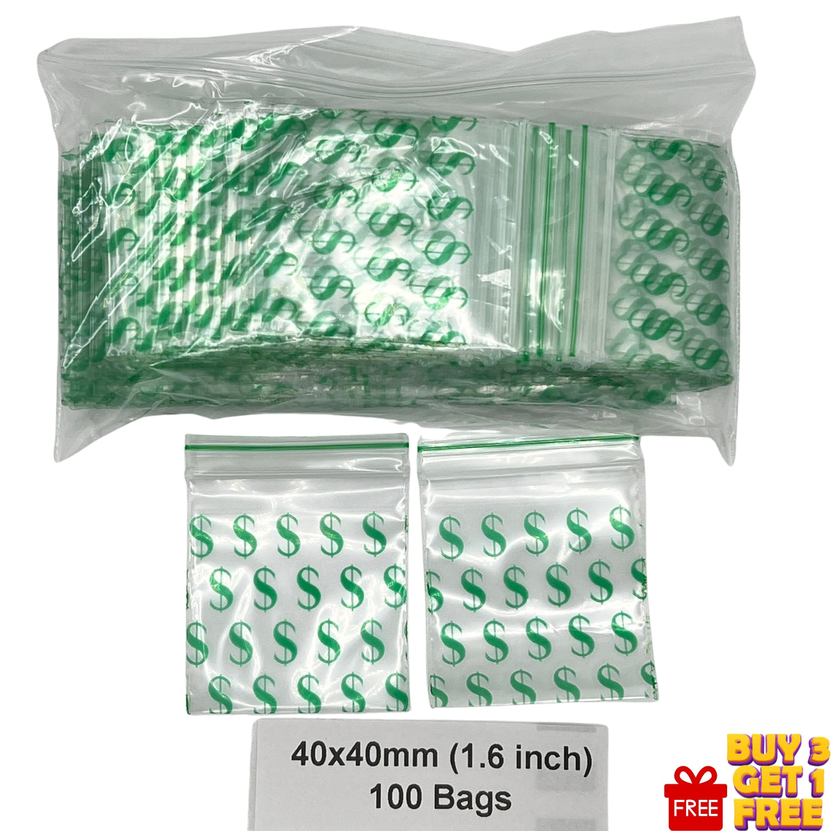 A pack of clear plastic zipper bags with green printed dollar-sign pattern, Text at the bottom reads '40x40mm (1.6 inch)