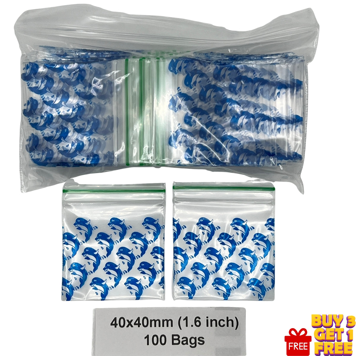 A bulk pack of clear plastic zipper bags with a blue and white dolphin printed pattern, shown with two individual bags and a text label indicating 100 bags in 40x40mm size. 1.6 inches