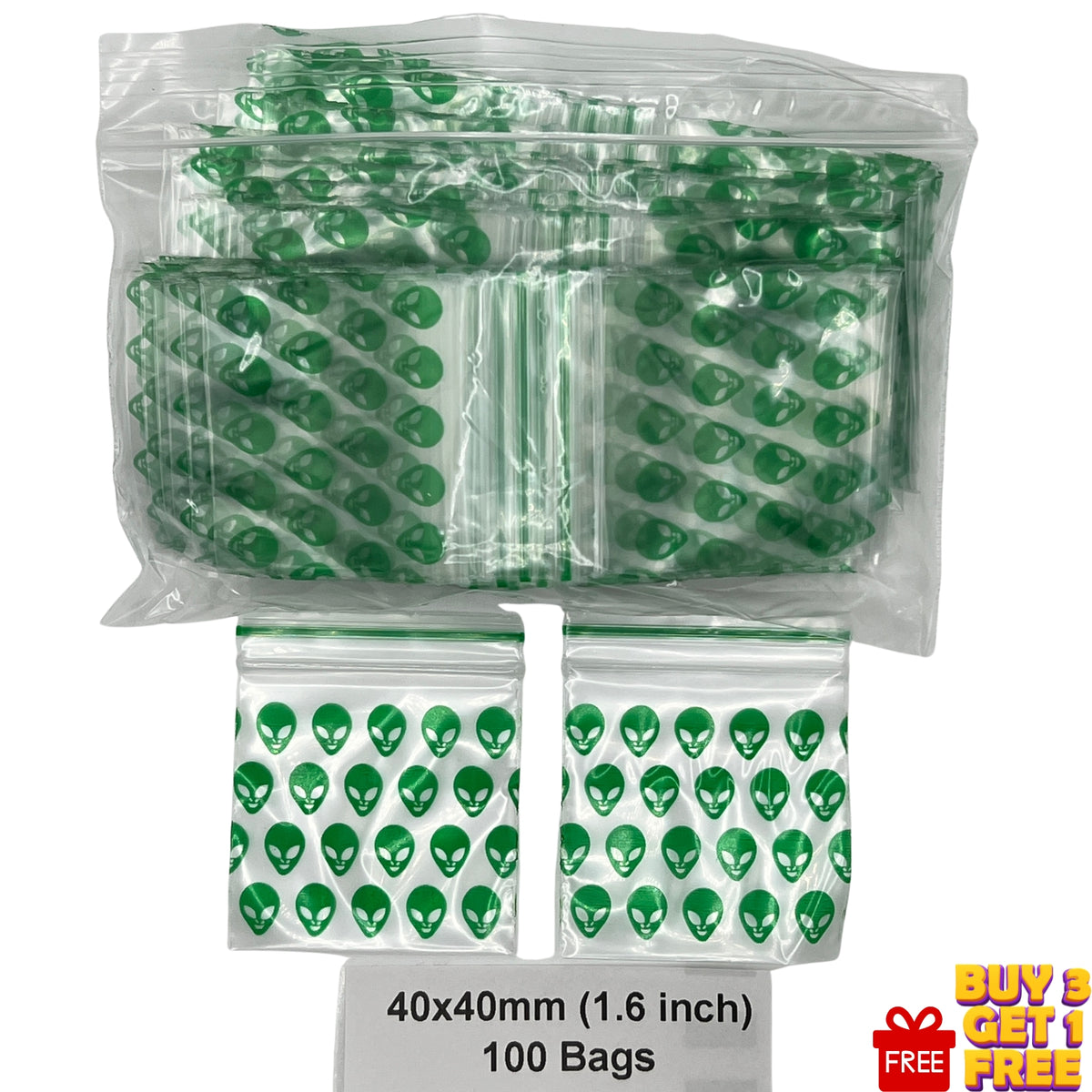 pack of 100 plastic zip baggies printed with a repeating green alien head pattern, shown on a white background with two smaller sample bags and a size label reading 40x40mm (1.6 inch) .