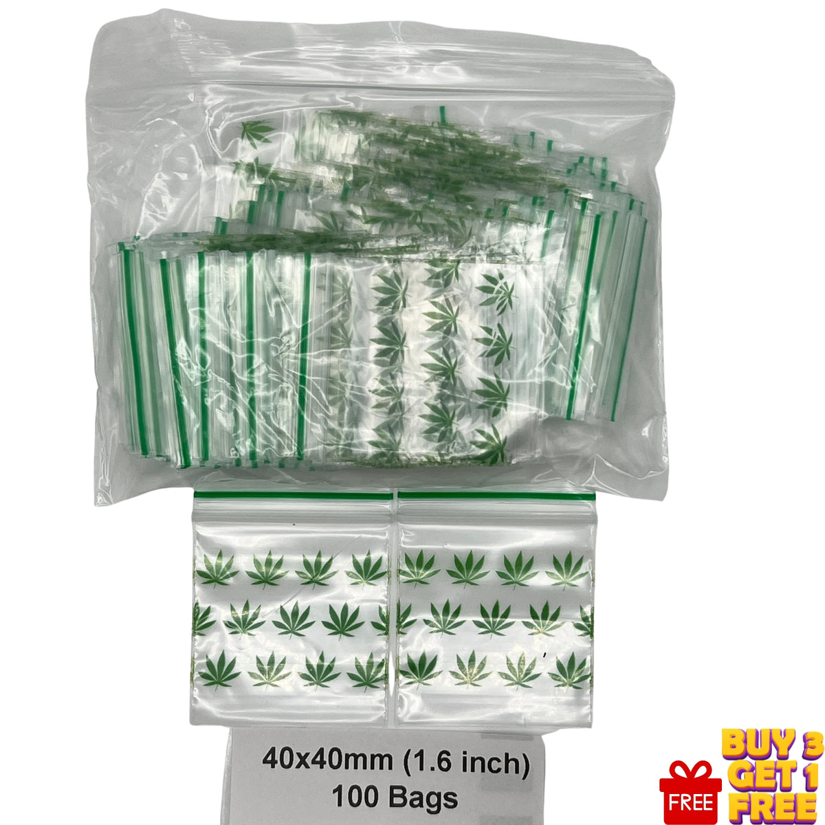 A bulk pack of 100 clear plastic zipper bags with green seals and a repeating green leaf print pattern, shown on a white background with a text label indicating 100 bags of 40x40mm size.