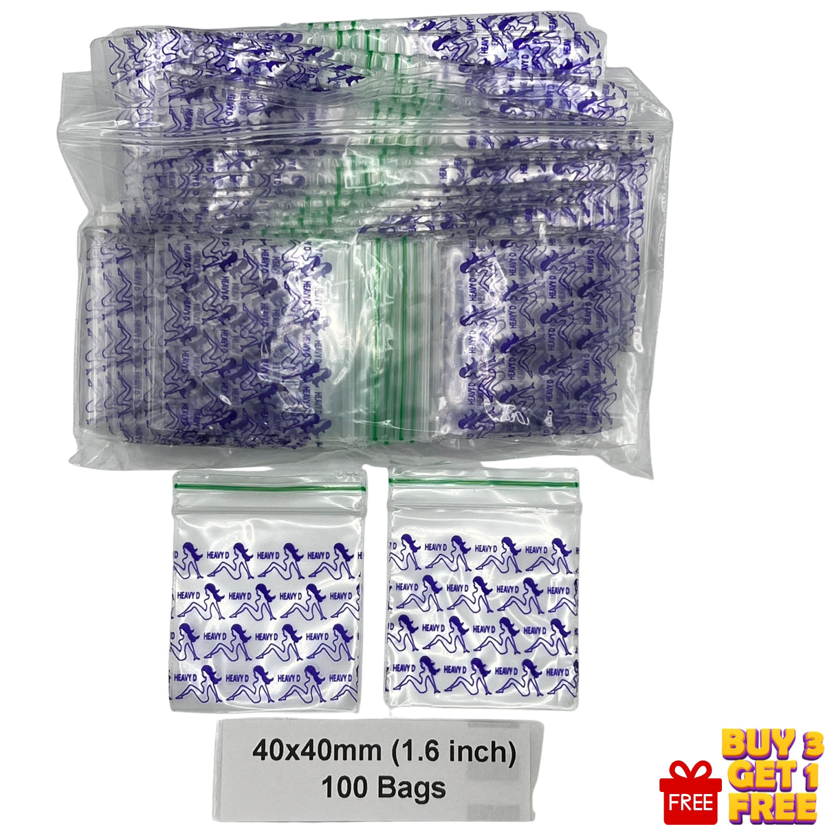 A bulk pack of clear plastic zipper bags with blue printed graphics seating gorl , lady , heavy duty , a text label indicating 40x40mm (1.6 inch) size and 100 bags.