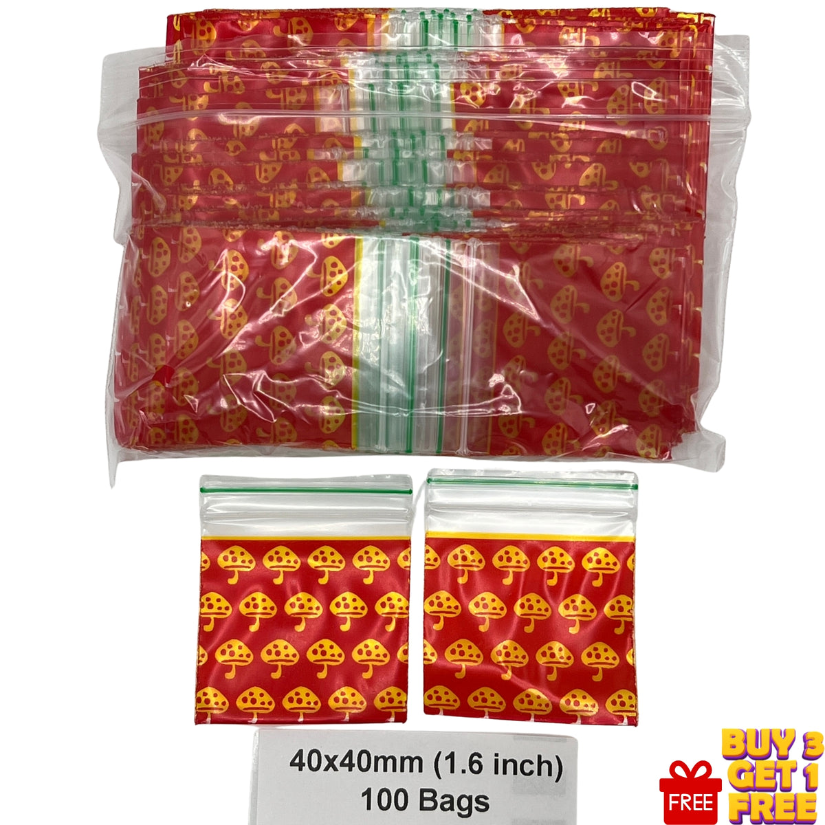 A bulk pack of 100 small clear plastic zipper bags printed with a red and yellow mushroom pattern, shown with two individual bags and a size label reading 40x40mm (1.6 inch) 100 Bags.