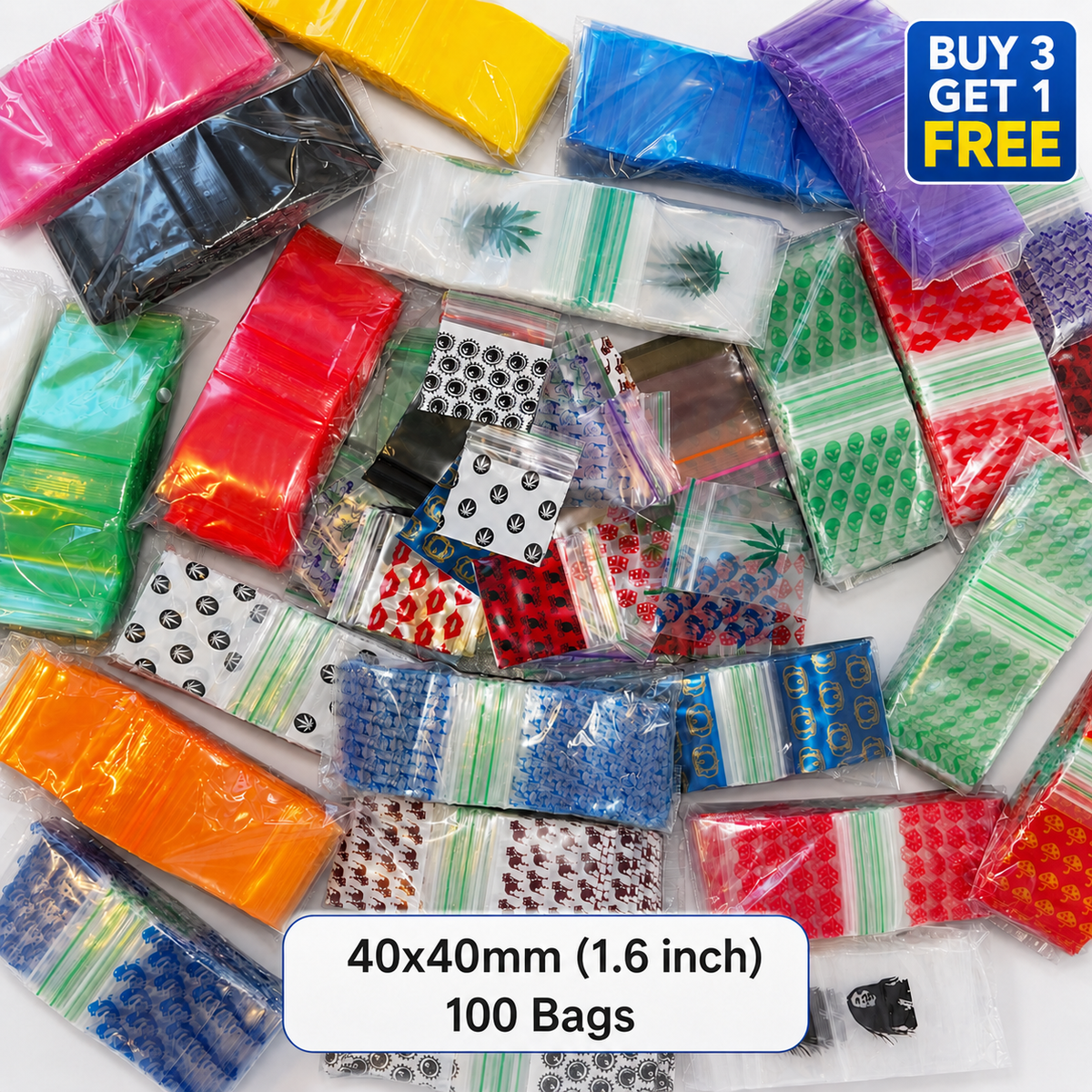 40x40mm printed poly plastic zip bags and baggies, 1.6 inch, assorted designs, 100 pack