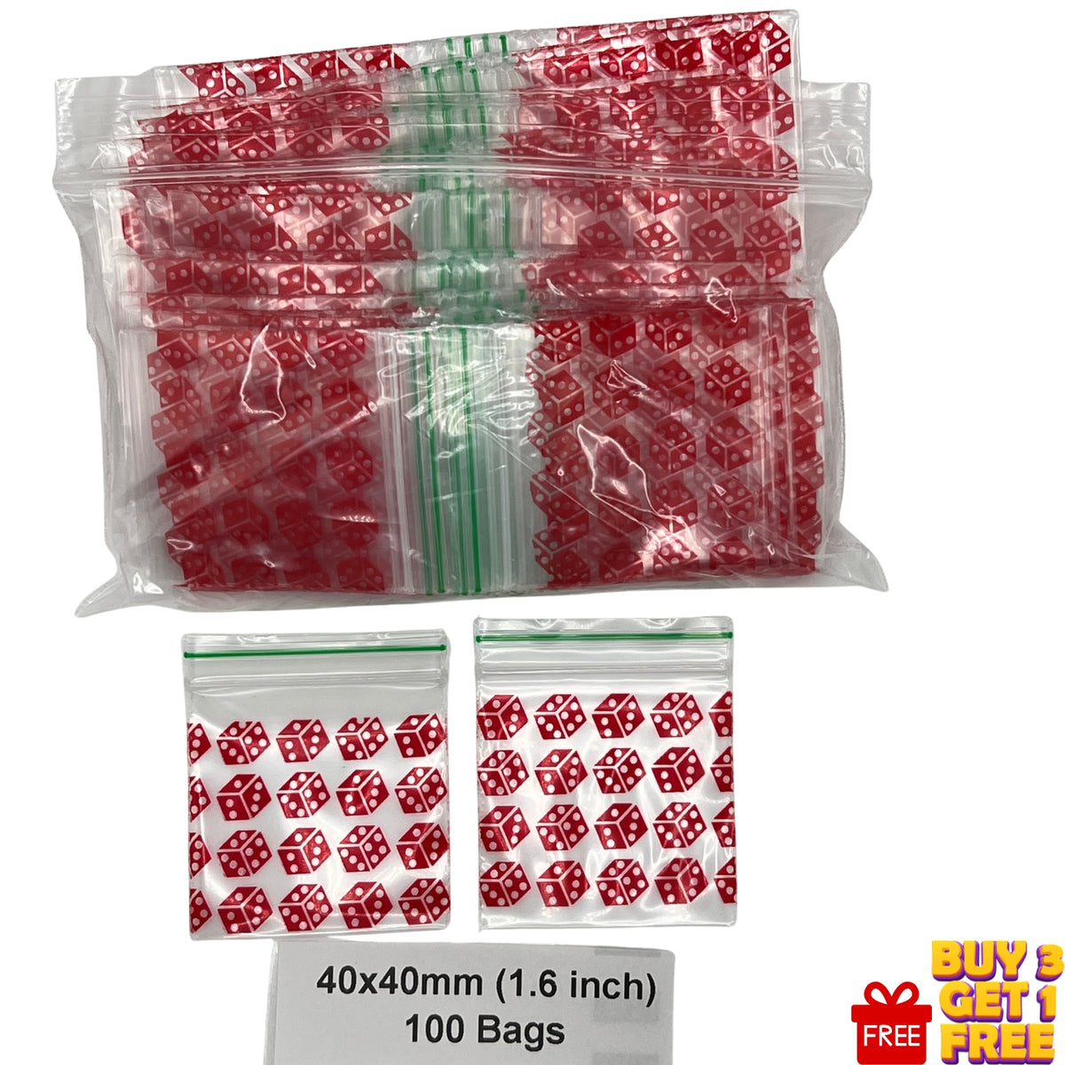 Pack of 100 clear plastic ziplock bags with red printed dice pattern and green seals, baggies shown in a large bag and two smaller individual bags on a white background. 40x40mm