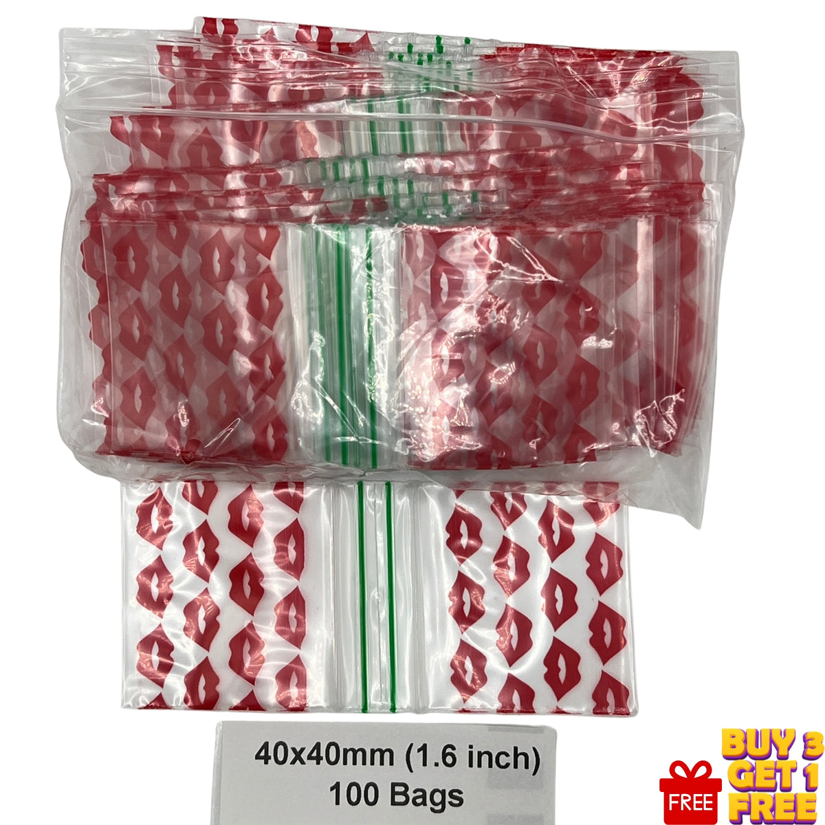 Pack of 100 clear plastic zipper bags with a red lip print pattern, baggies shown in size: 40x40mm (1.6 inch) and 