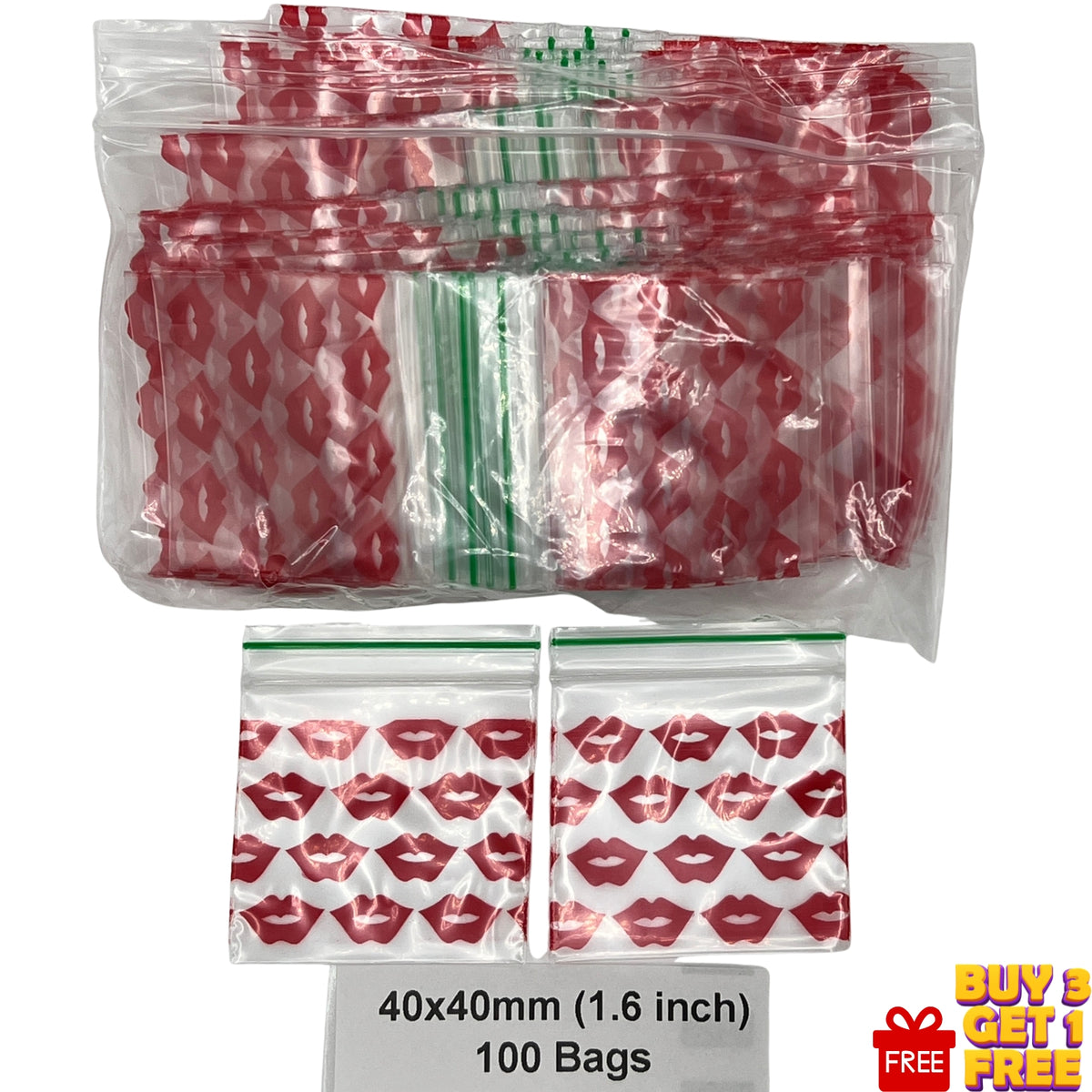 Pack of clear poly plastic zipper bags printed with a red lips pattern, shown in a large bag and two smaller sample bags, with text indicating 40x40mm (1.6 inch) and 100 bags.