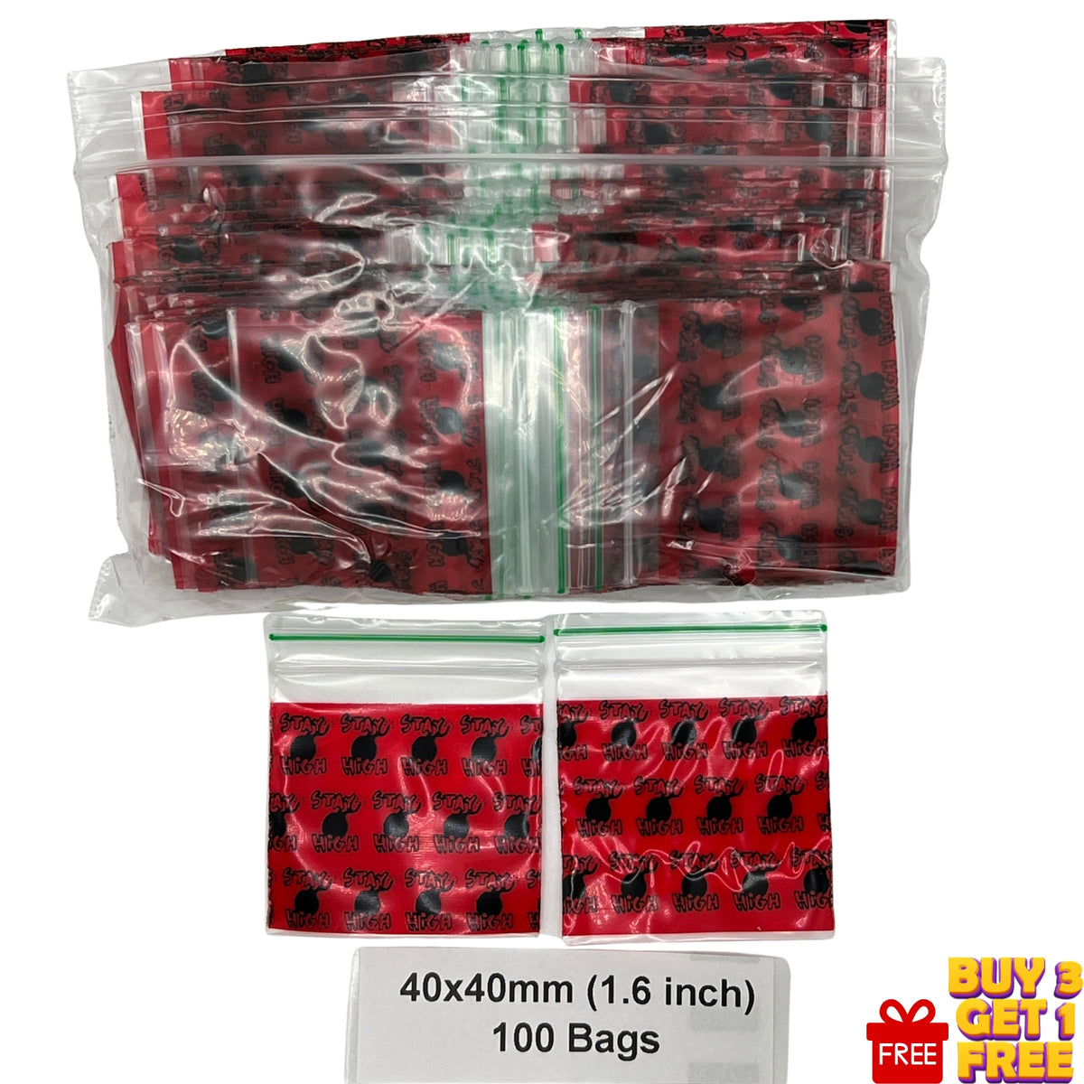 A pack of clear plastic zip-top bags with red and black stay high printed patterned inner liners, shown in multiple sizes on a white background. One bag is labeled '40x40mm (1.6 inch)