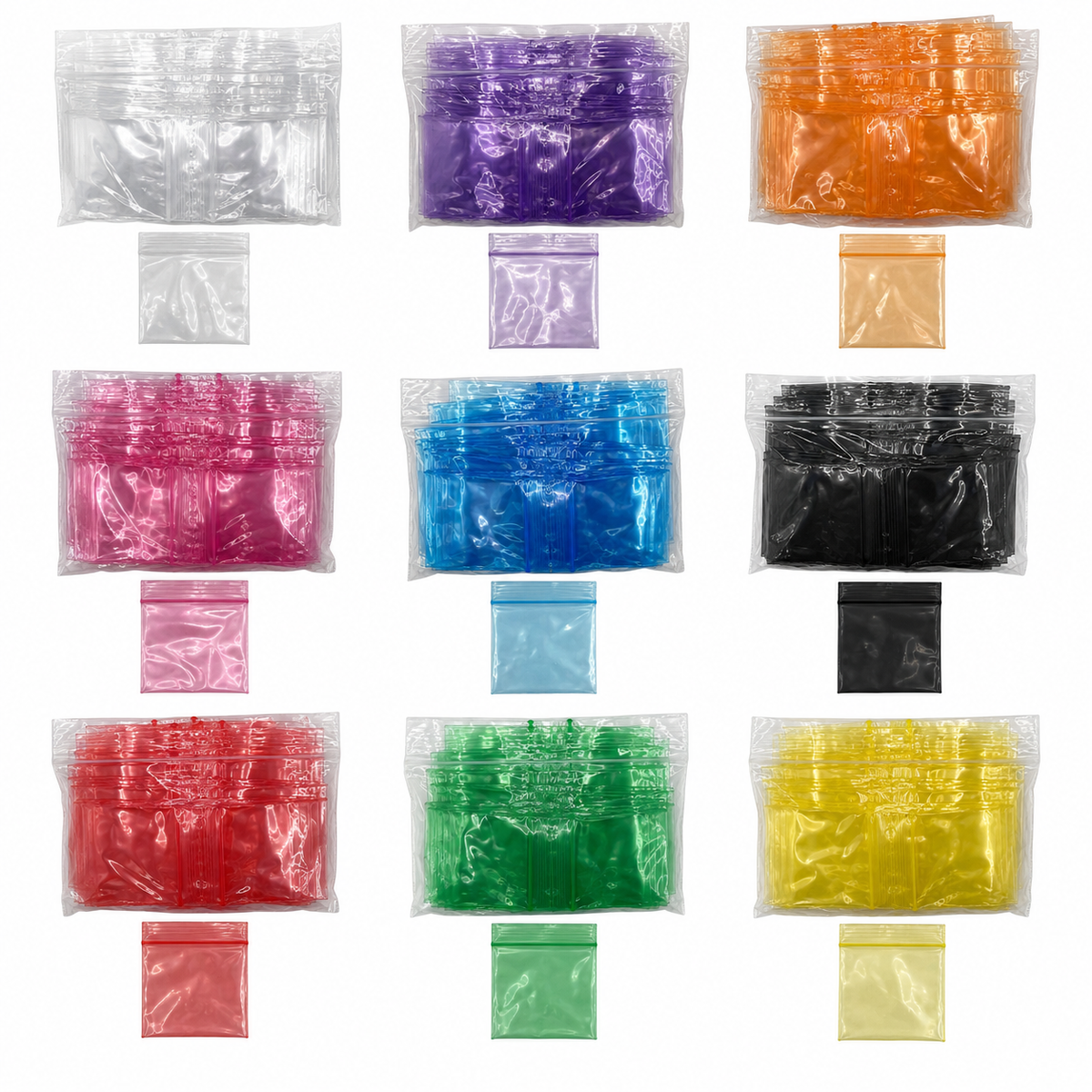 40x40mm clear and coloured resealable plastic zip bags in 100 packs