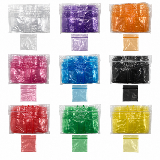 40x40mm clear and coloured resealable plastic zip bags in 100 packs