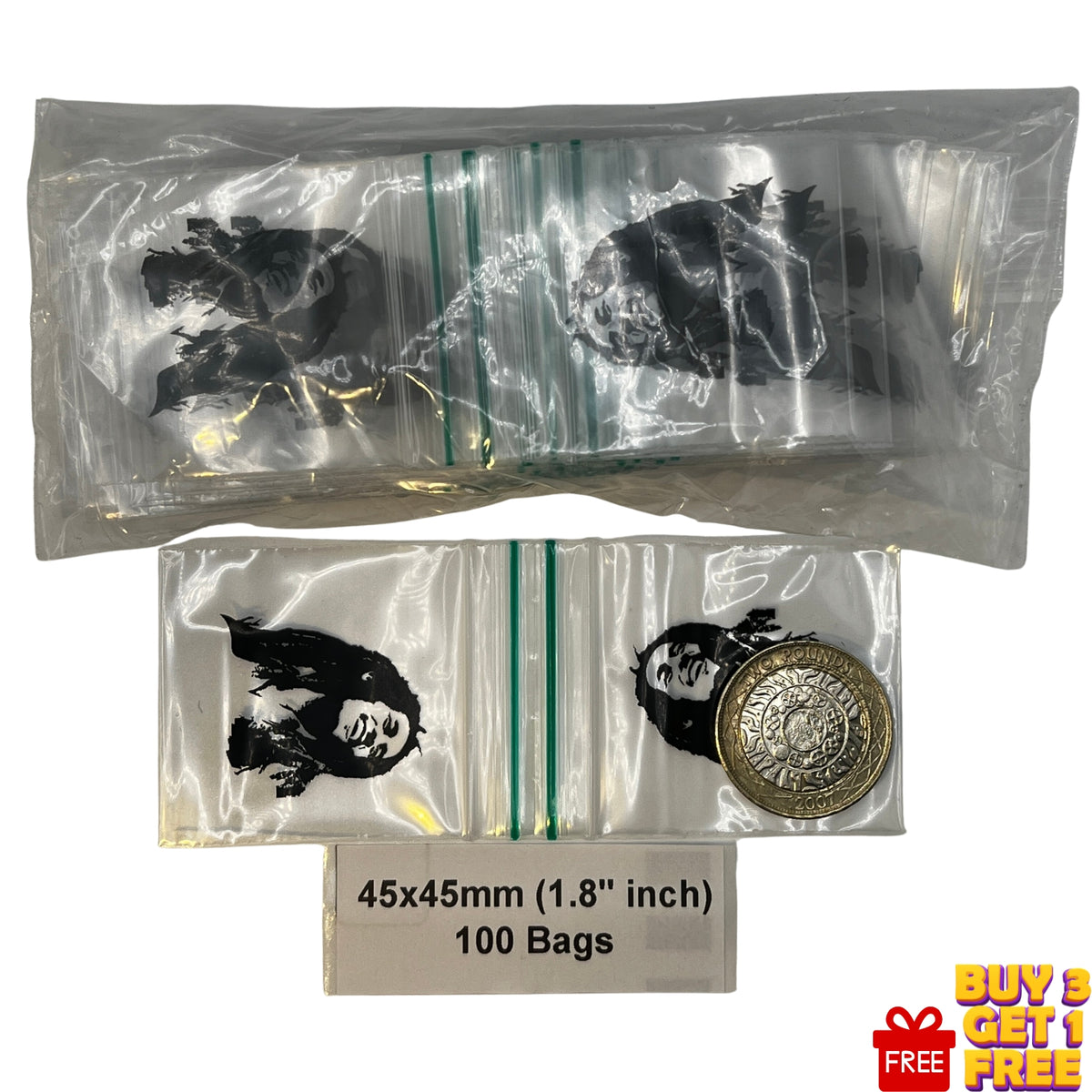 pack of 100 bob marley printed zip bags  shown on a white background, Text below reads '45x45mm (1.8 inch)