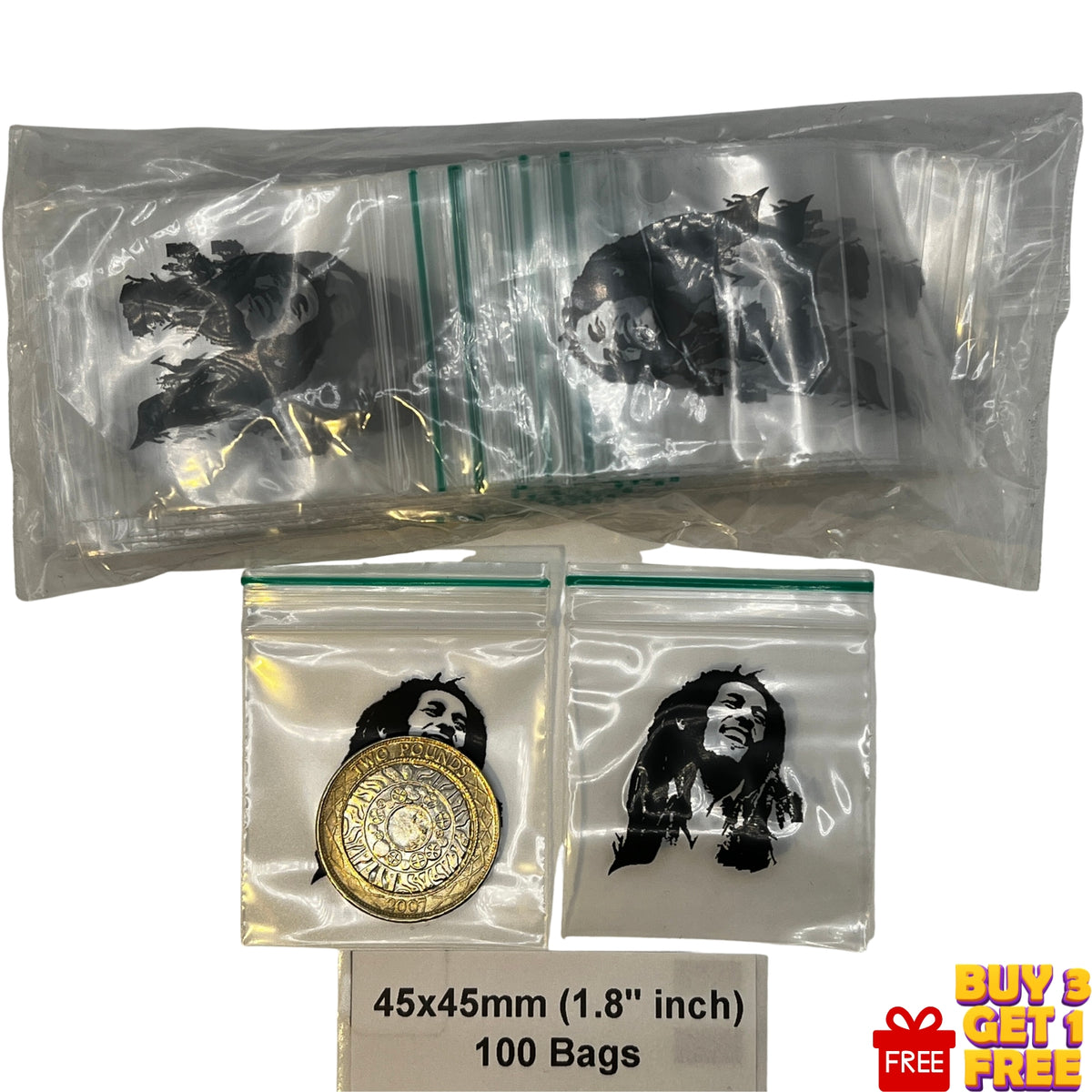 Two clear plastic zipper bags filled with black-and-white Bob Marley portrait print . Text at the bottom reads 45x45mm (1.
