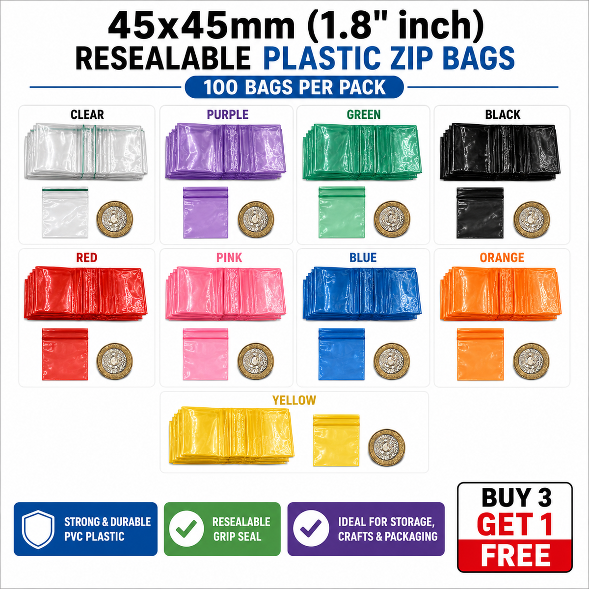 45x45mm 1.8 inch clear and coloured resealable zip bags in available colours