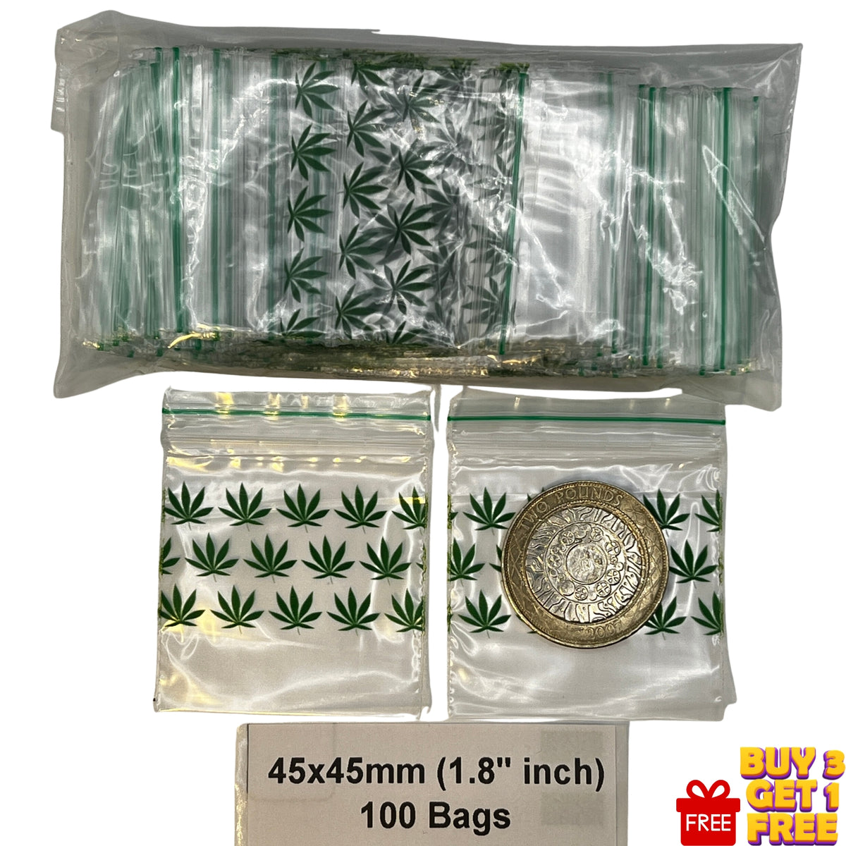 A pack of 100 clear plastic zipper bags printed with a green leaf pattern, shown with two individual bags and a coin for scale on a white background.