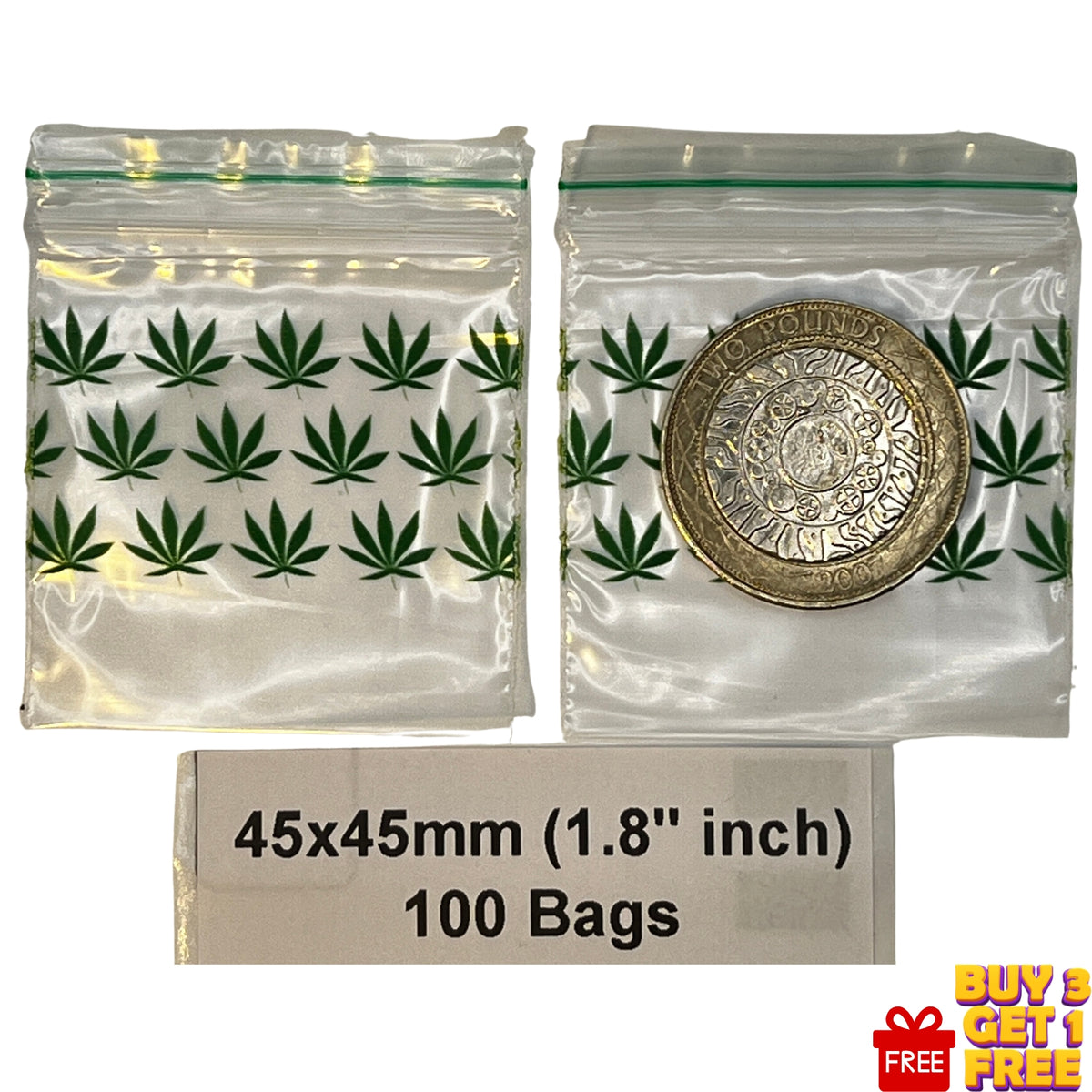 Two clear plastic zip-top bags printed with green leaf leaves are shown on a white background, with a coin placed inside one bag for scale. Text below reads '45x45mm (1.8 inch)