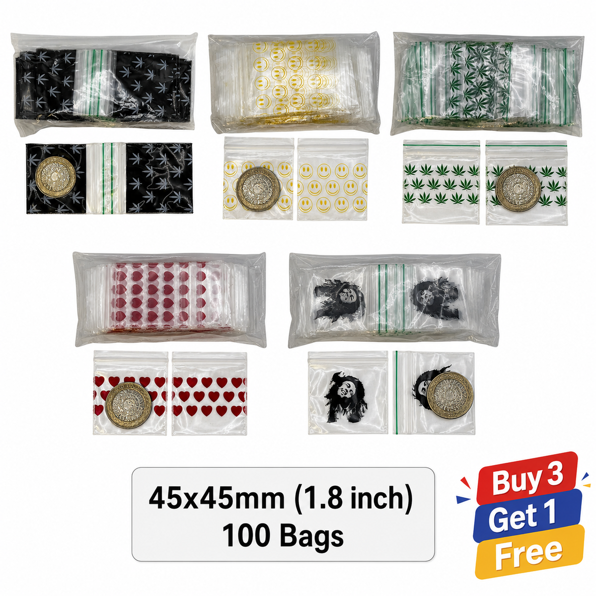 45x45mm printed resealable plastic zip bags and poly baggies in assorted designs, 100 pack