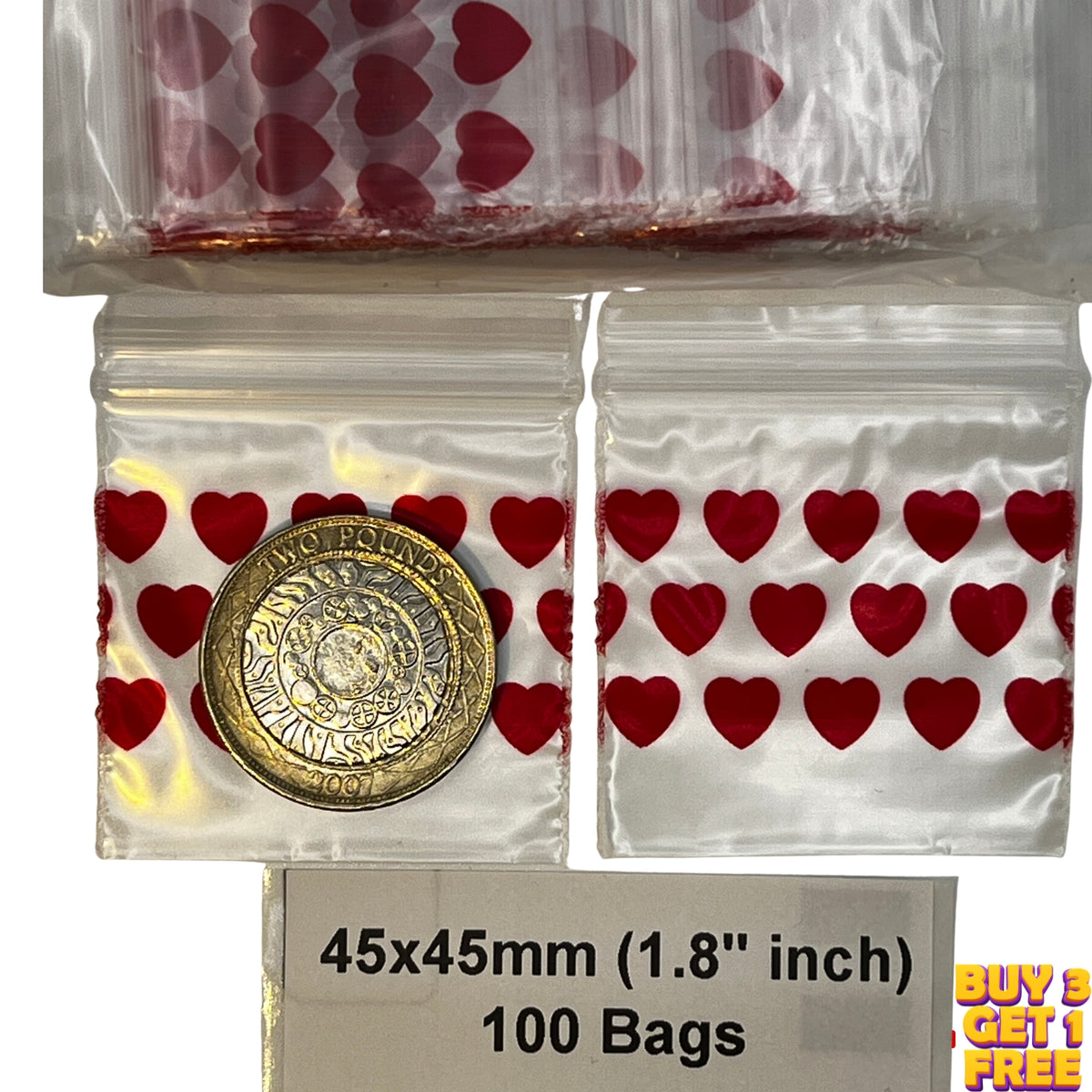 Clear plastic zipper bags with a repeating pattern of small red hearts, shown in multiple sizes baggies including one holding a coin for scale, with text indicating 45x45mm (1.8 inch) 100 bags.