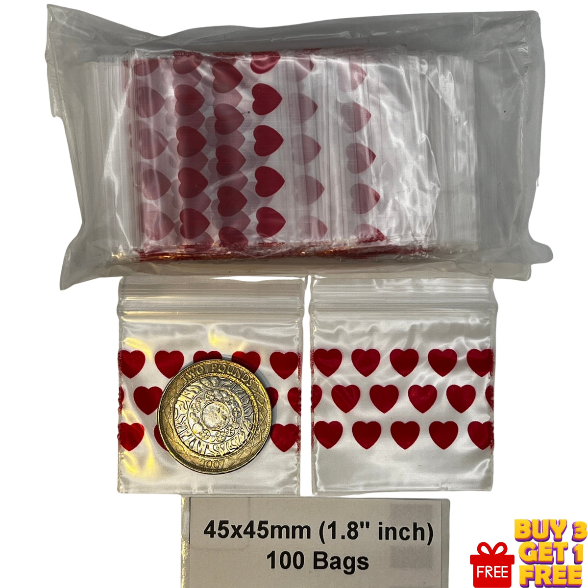 Pack of 100 clear plastic  zip bags with red hearts pattern print, on a white background with text indicating 45x45mm size and 100 bags.