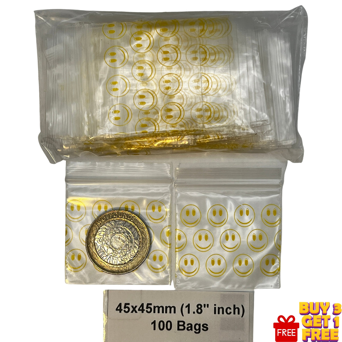 A pack of 100 yellow smiling face print plastic zip-top bags, with two bags shown in front and a larger bag behind. 45x45mm