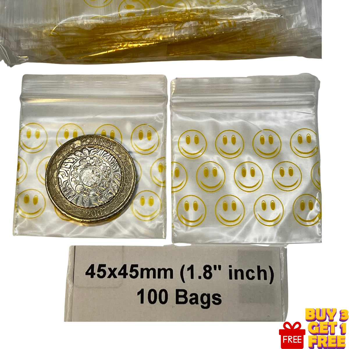 Clear plastic poly  zipper baggies with yellow smiling face prints, shown with a coin for scale and a label indicating 45x45mm (1.8" inch) 100 Bags.