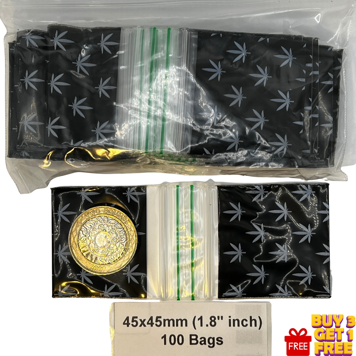 Pack of 100 45x45mm zip bags with a white leaf pattern print, shown both inside the clear plastic outer packaging and individually. A £1 coin is placed on one of the individual bags for scale.