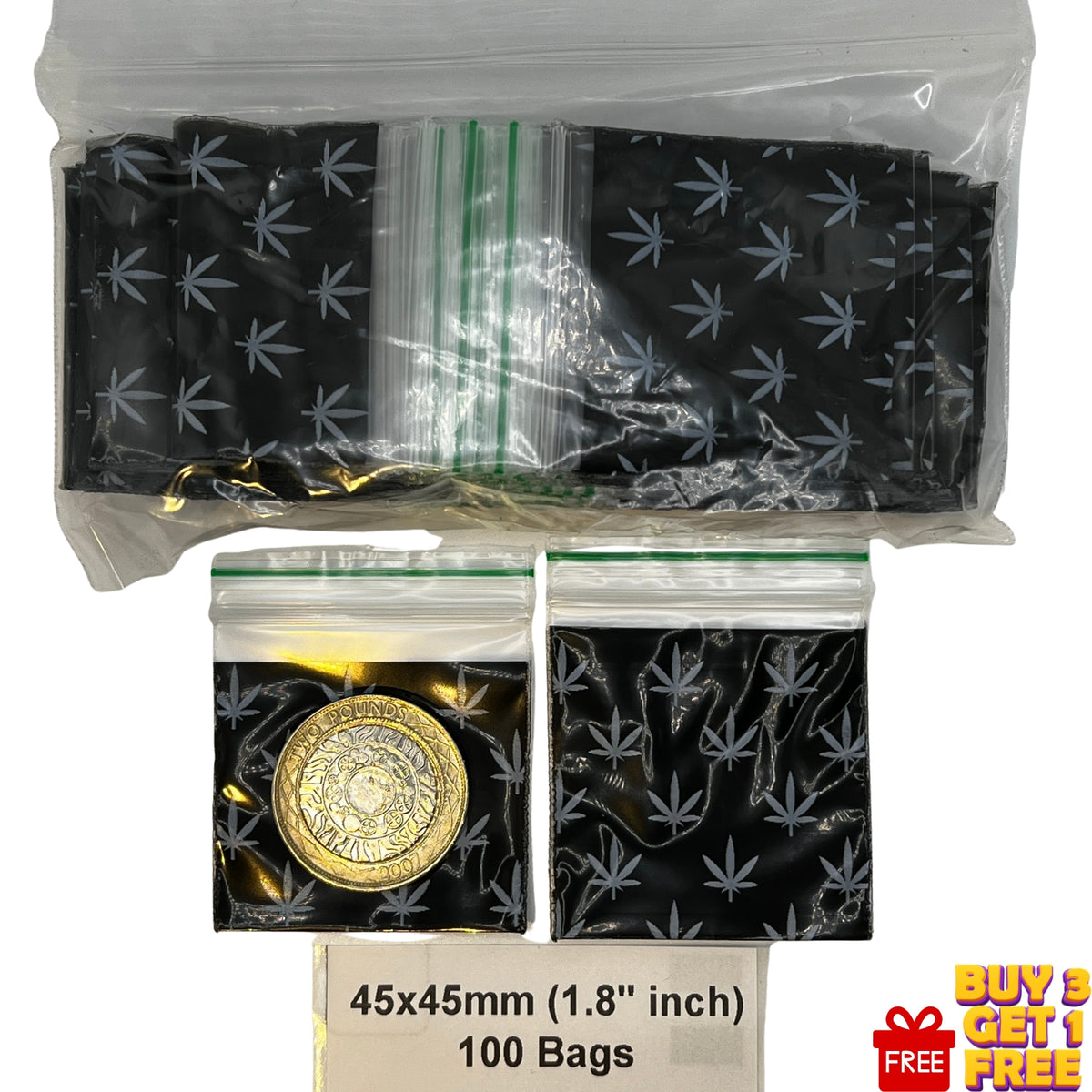 printed black with white leaf plastic zip baggies  shown on a white background. One bag contains a £1 coin for scale.