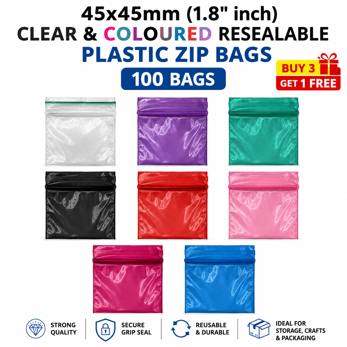 45x45mm plastic poly grip seal bags 100 pack with Buy 3 Get 1 Free offer
