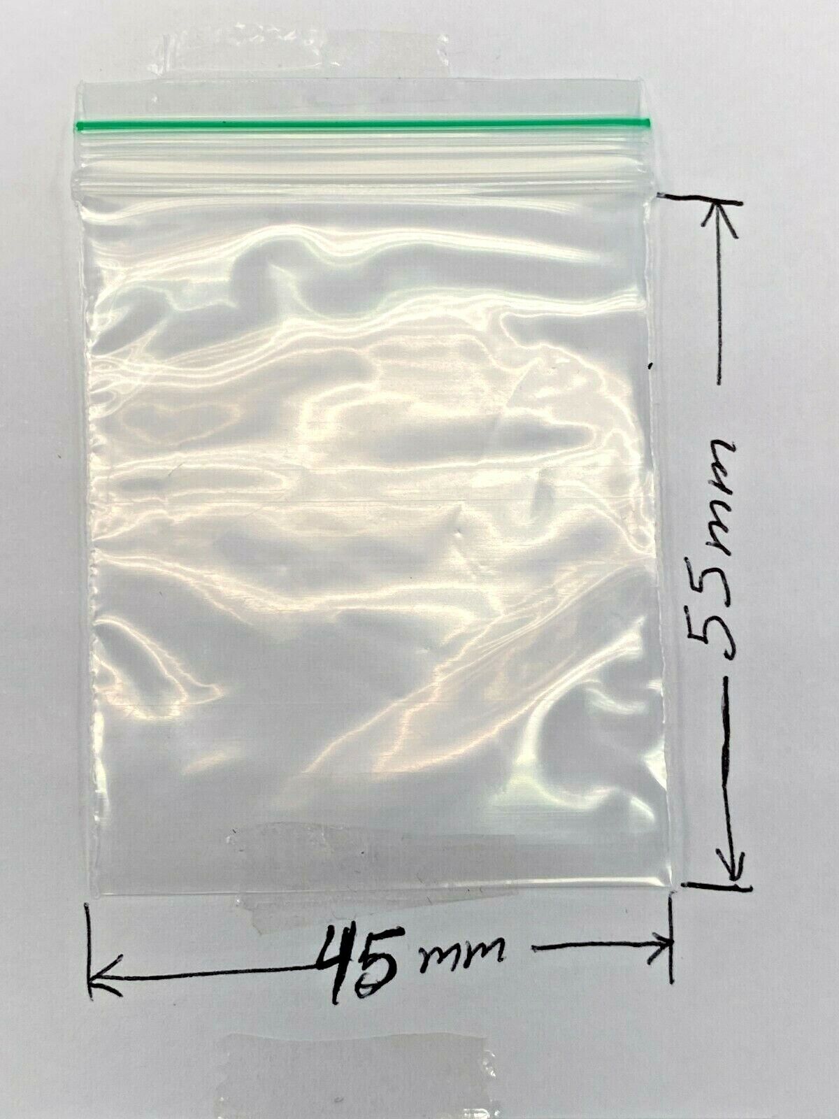 A clear plastic zip-top bag with a green seal strip, shown on a white background with dimension arrows and text indicating 45 mm width and 55 mm height.