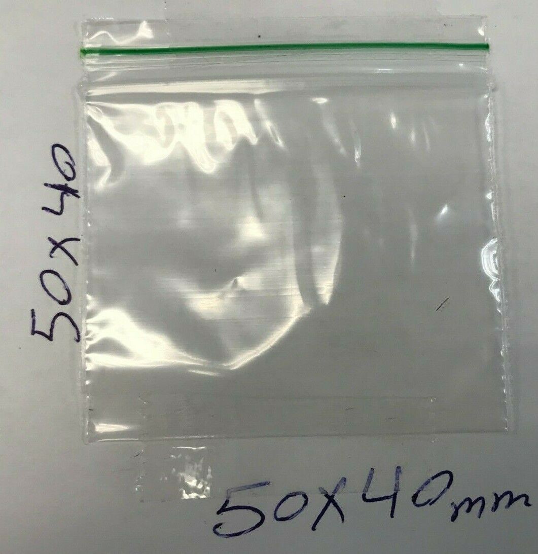 A clear plastic zip-top bag with a green seal line, shown on a white background with size markings of 50x40mm.