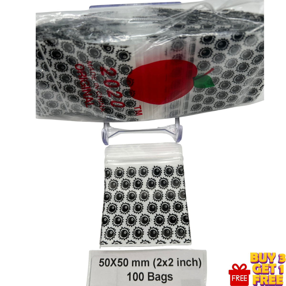Close-up of 8 Ball design on a 50x50mm (2x2 inch) plastic zip seal bag