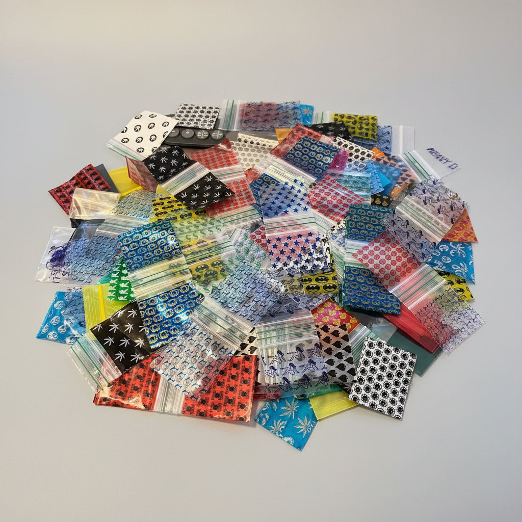 Assorted, mix 50x50mm (2x2 inch) printed resealable plastic zip bags and poly baggies in a variety of designs.