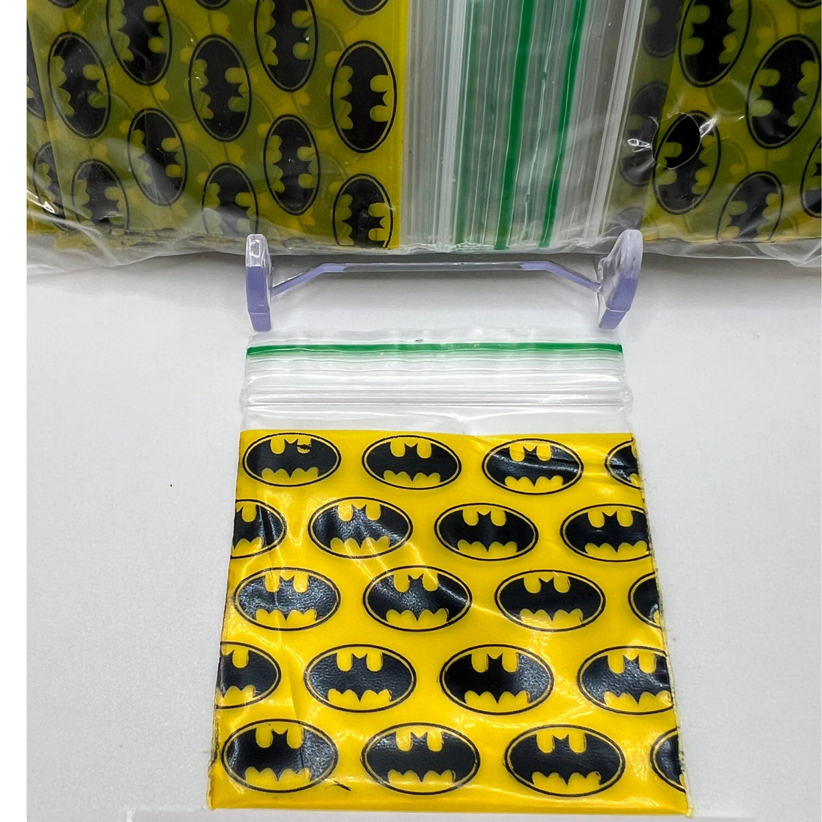 Close-up of BAT design on a 50x50mm (2x2 inch) plastic grip seal bag