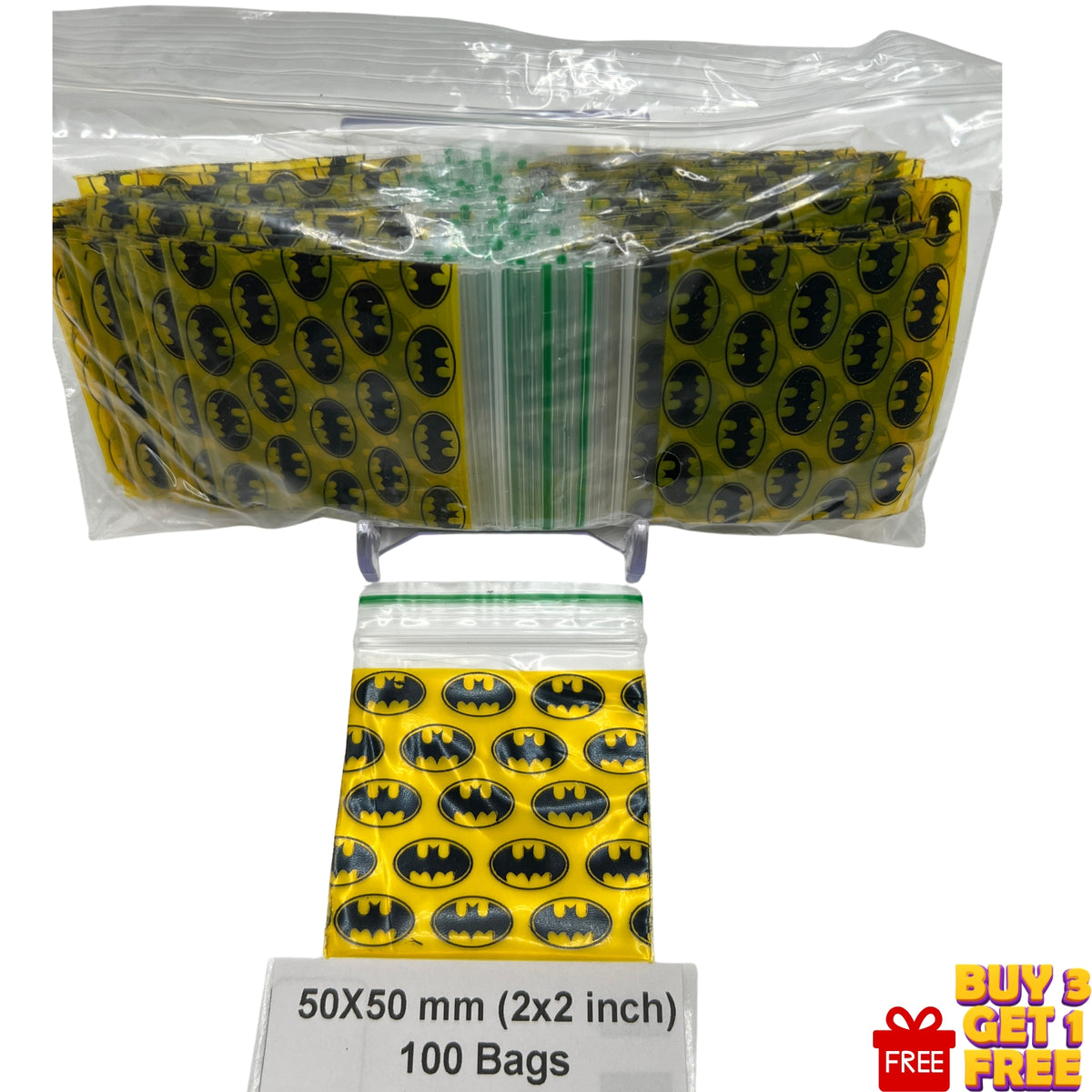 50x50mm (2x2 inch) BAT printed resealable plastic zip bags, 100 pack