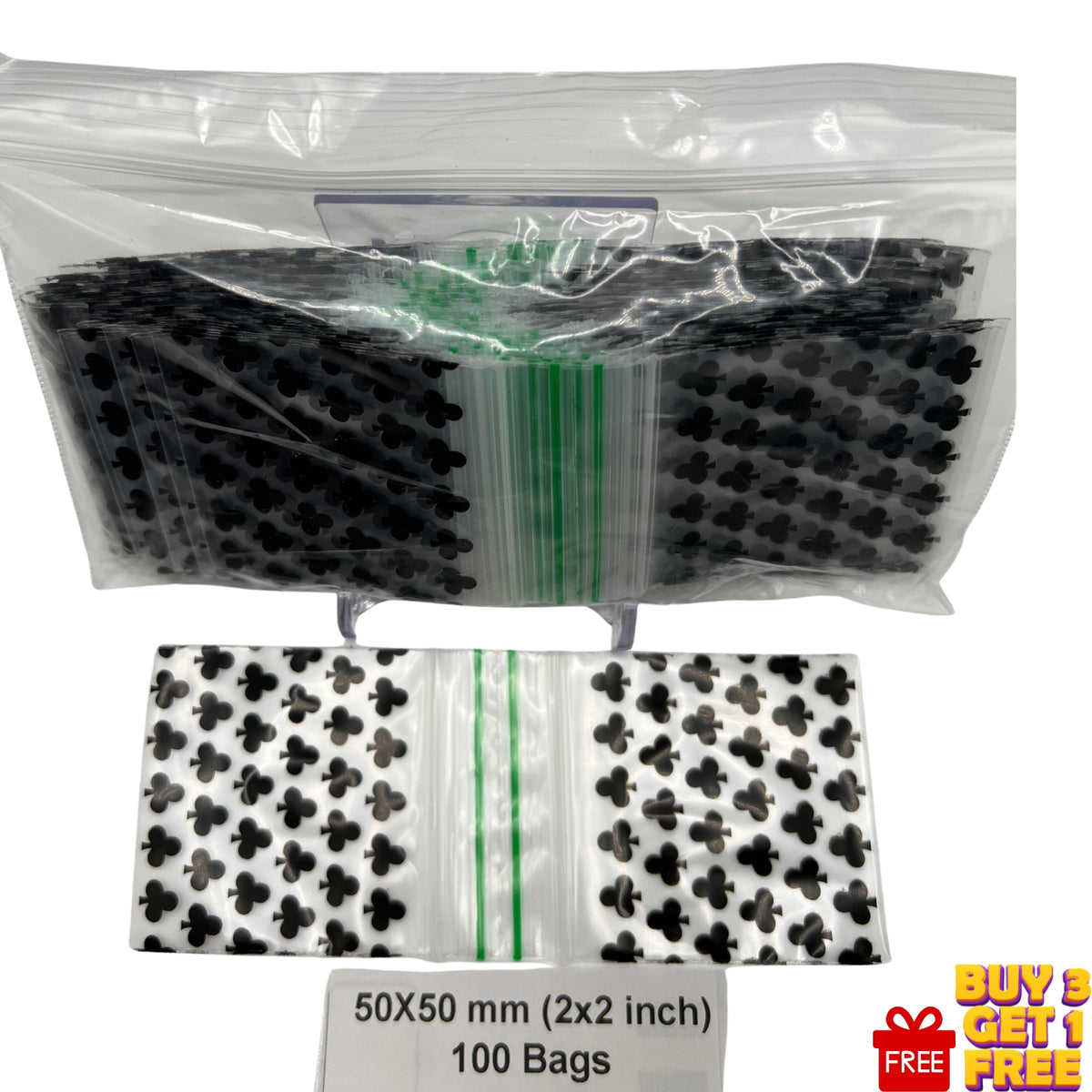 50x50mm (2x2 inch) Black Clubs printed resealable poly baggies, 100 pack