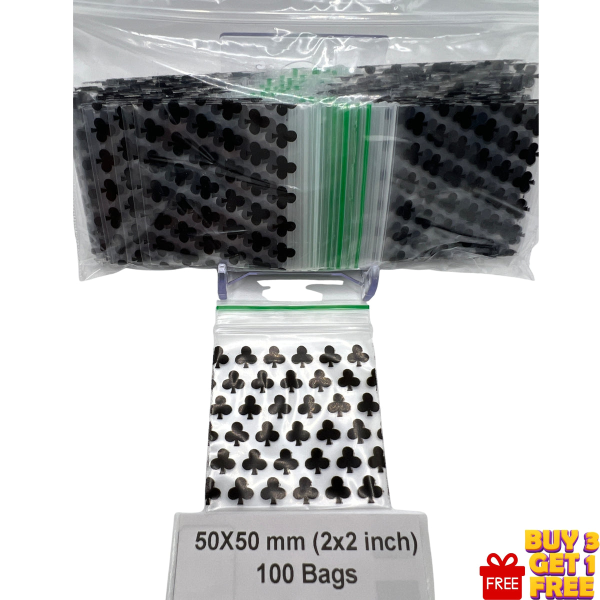 Close-up of Black Clubs design on a 50x50mm (2x2 inch) plastic zip bag