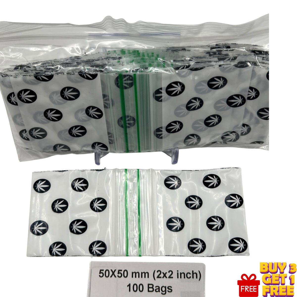 50x50mm (2x2 inch) Black Leaf printed poly baggies, pack of 100