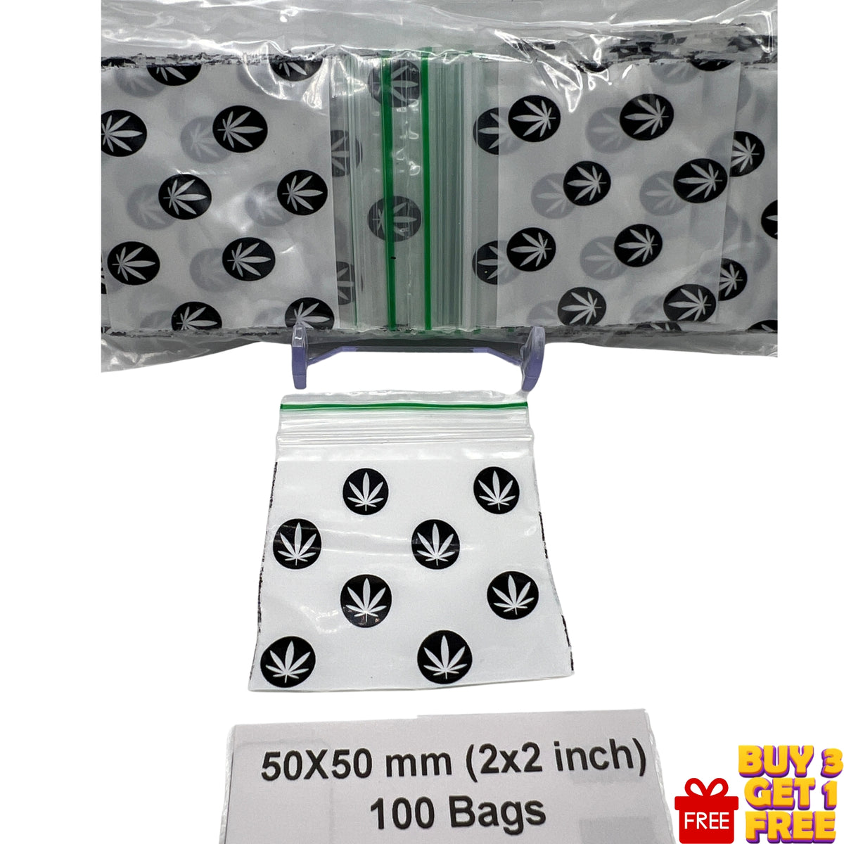 Close-up of Black Leaf printed 50x50mm (2x2 inch) plastic zip seal bag