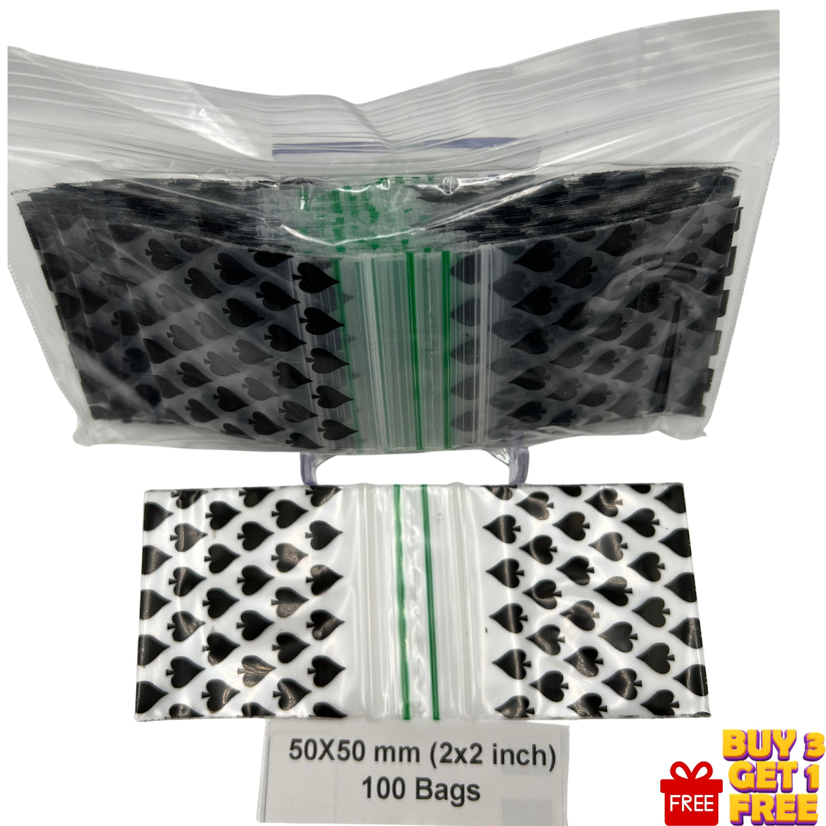 50x50mm (2x2 inch) Black Spade printed plastic zip bags, pack of 100