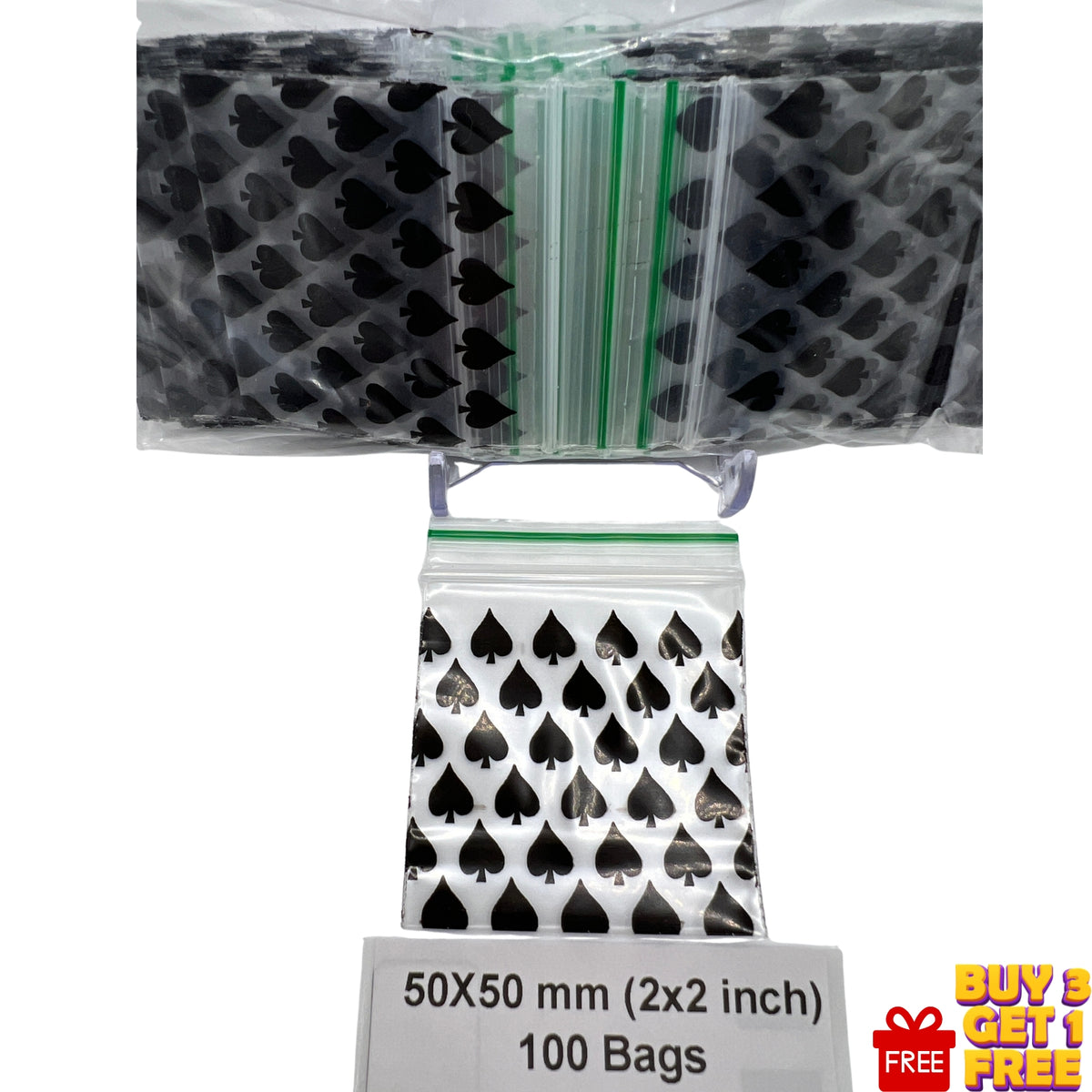 Close-up of Black Spade printed 50x50mm (2x2 inch) grip seal bag