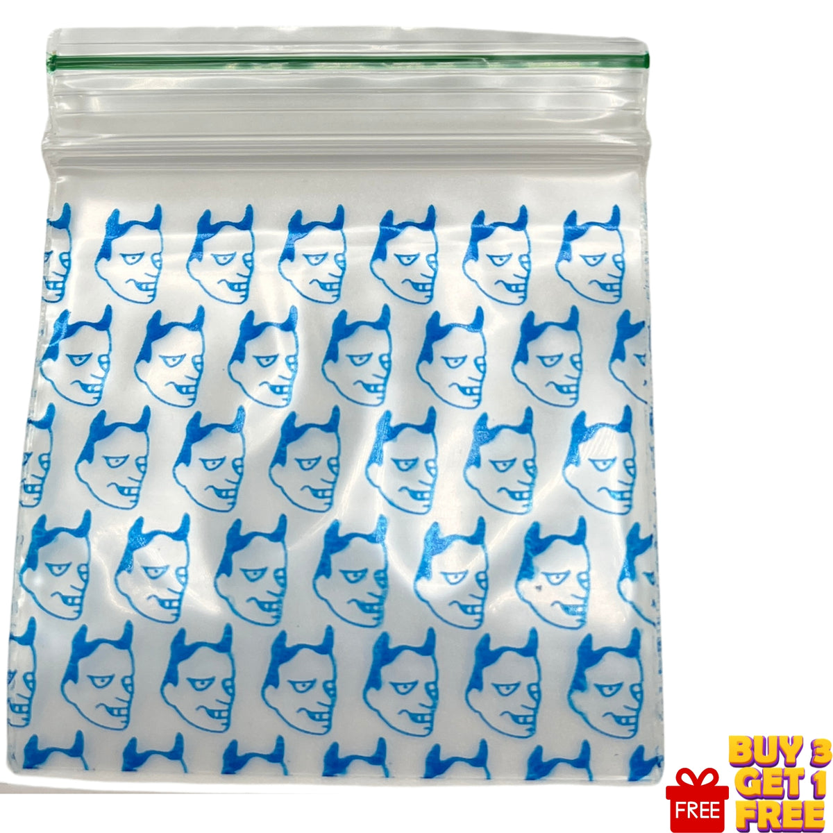 Close-up of Blue Devil design on a 50x50mm (2x2 inch) poly baggie