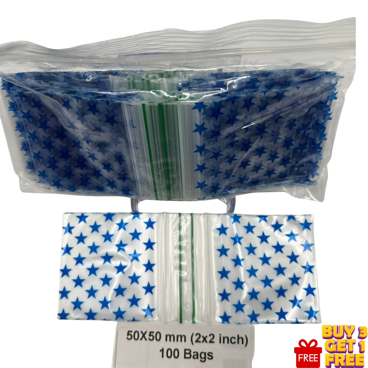 50x50mm (2x2 inch) Blue Star printed poly bags with zip seal, pack of 100