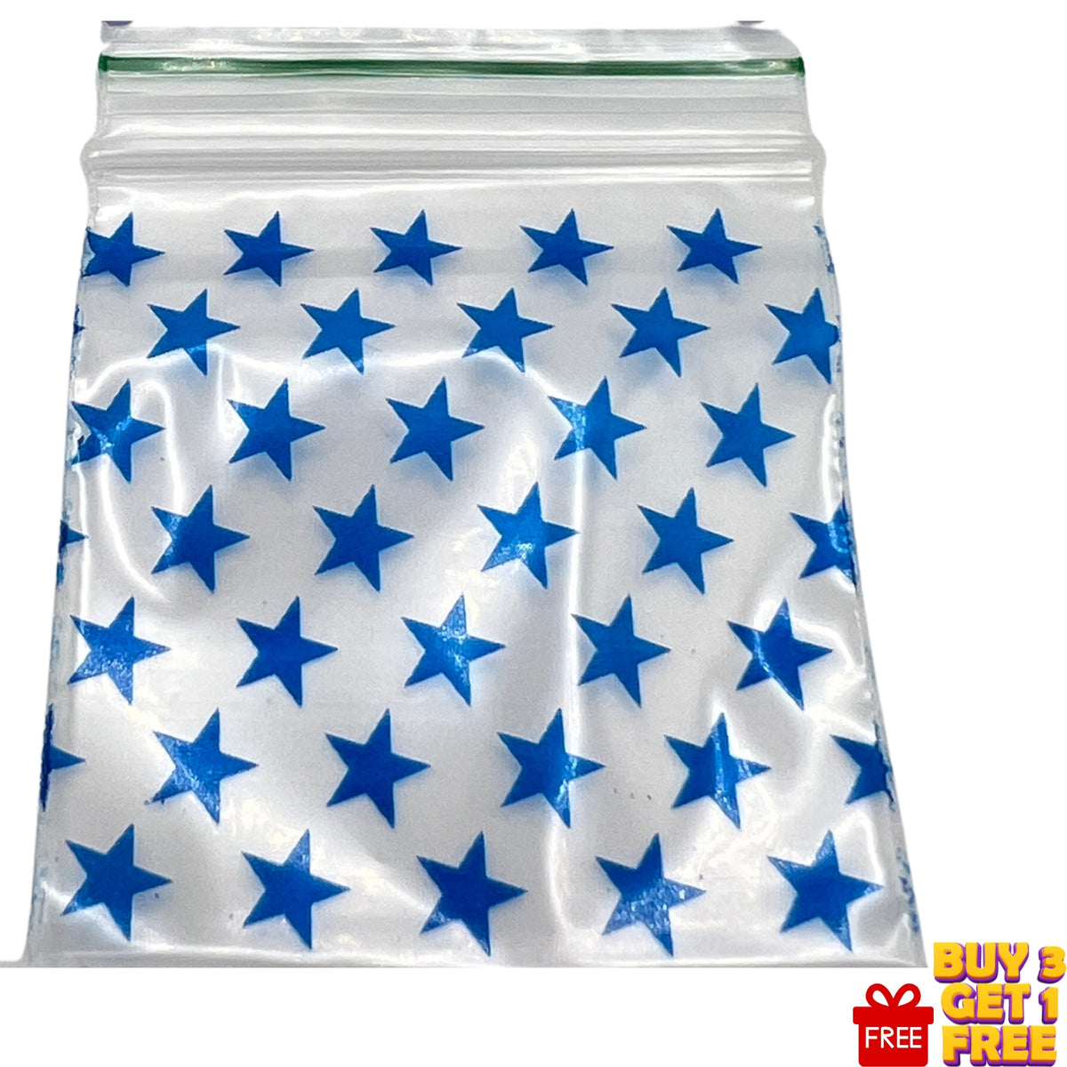 Close-up of Blue Star printed 50x50mm (2x2 inch) small plastic bag