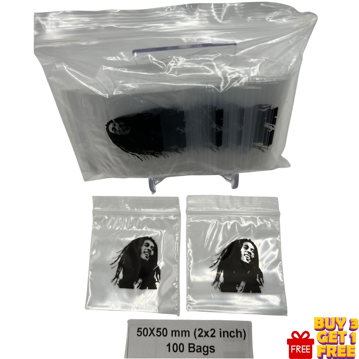 50x50mm (2x2 inch) Bob Marley printed resealable plastic baggies, pack of 100