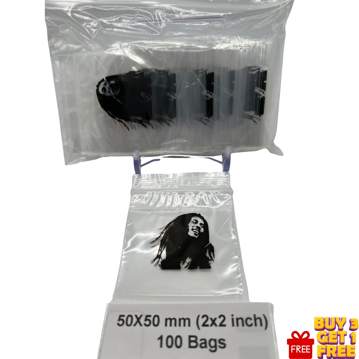 Close-up of Bob Marley printed 50x50mm (2x2 inch) plastic zip seal bag