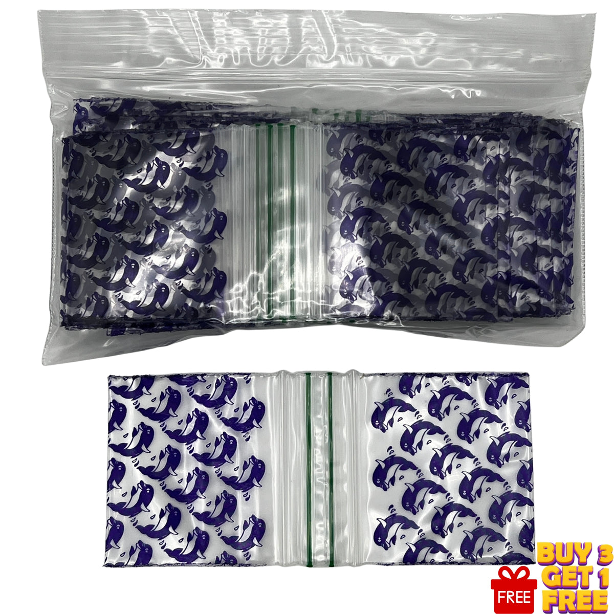 50x50mm (2x2 inch) Dolphin printed plastic baggies with grip seal, pack of 100