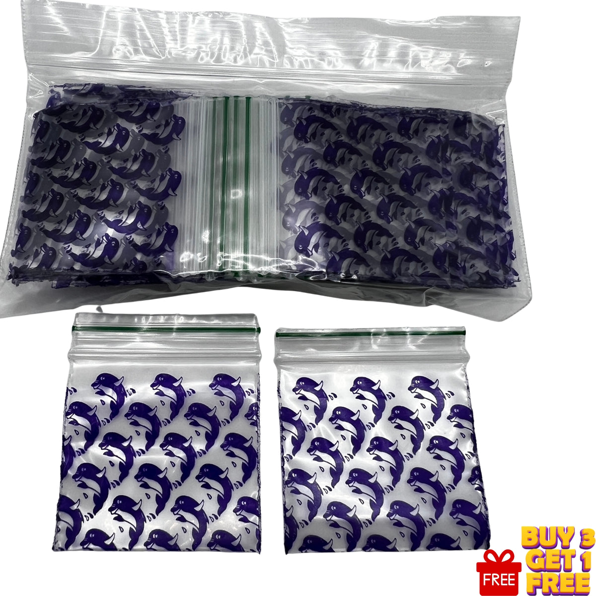 Close-up of Dolphin printed 50x50mm (2x2 inch) resealable zip bag