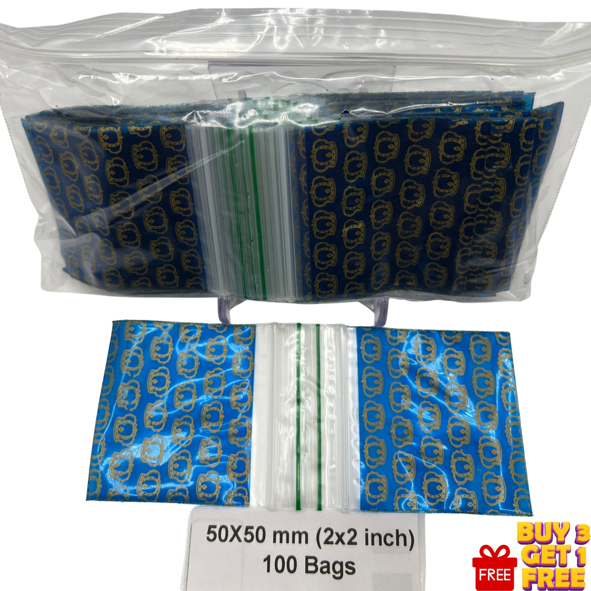 50x50mm (2x2 inch) Crown Gold printed poly bags with grip seal, pack of 100