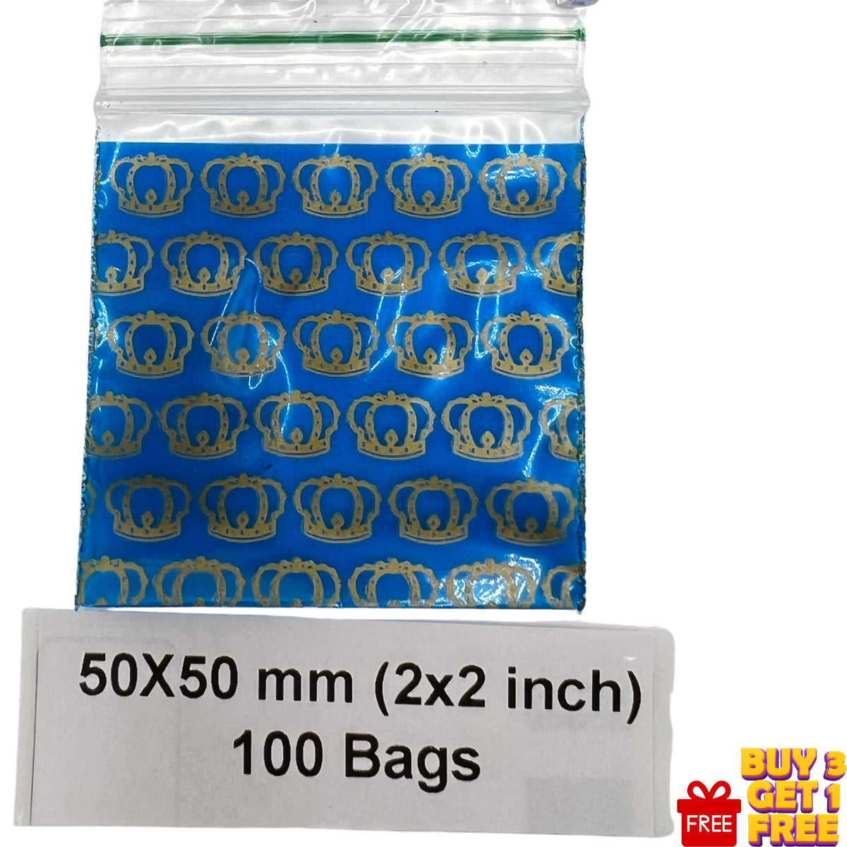 Close-up of Crown Gold printed 50x50mm (2x2 inch) plastic zip bag